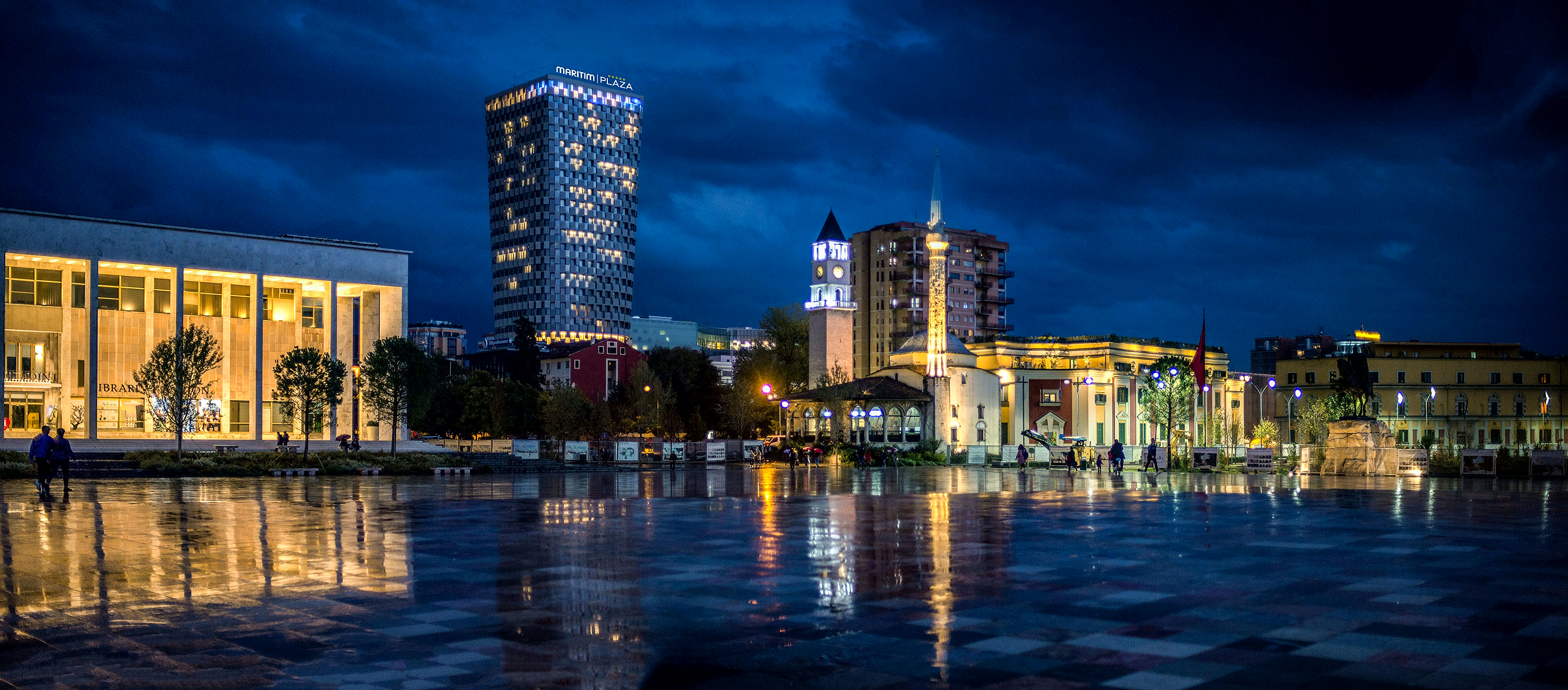 The tower at night above Skanderbeg Square